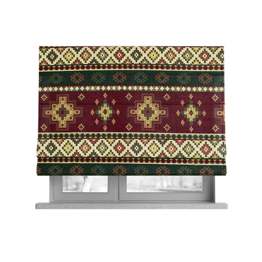 Persia Aztec Red Burgundy Green Chenille Upholstery Fabric Traditional Kilim Stripe Pattern CTR-762 - Roman Blinds