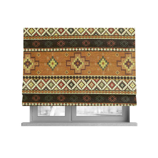 Persia Aztec Yellow Brown Chenille Upholstery Fabric Traditional Kilim Stripe Pattern CTR-763 - Roman Blinds
