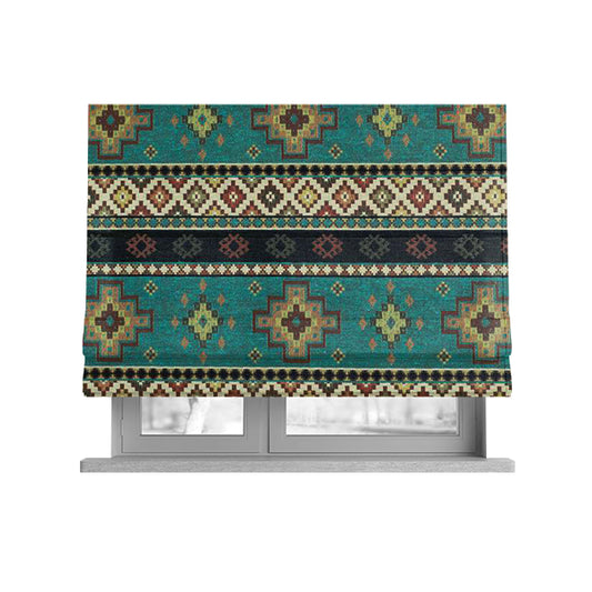 Persia Aztec Teal Blue Chenille Upholstery Fabric Traditional Kilim Stripe Pattern CTR-764 - Roman Blinds