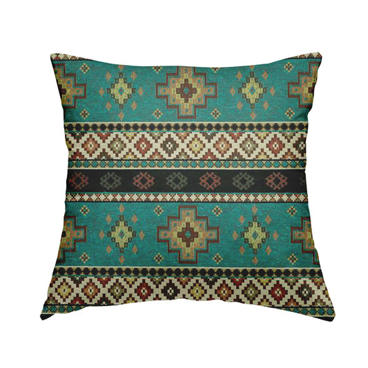 Persia Aztec Teal Blue Chenille Upholstery Fabric Traditional Kilim Stripe Pattern CTR-764 - Handmade Cushions