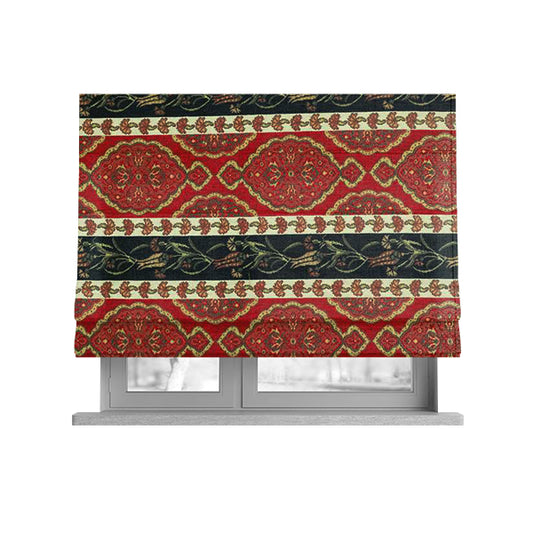 Persia Aztec Red Blue Chenille Upholstery Fabric Traditional Floral Stripe Pattern CTR-765 - Roman Blinds