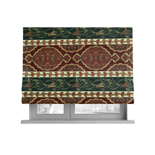 Persia Aztec Burgundy Red Green Chenille Upholstery Fabric Floral Stripe Pattern CTR-766 - Roman Blinds