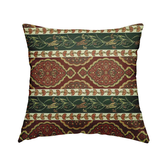 Persia Aztec Burgundy Red Green Chenille Upholstery Fabric Floral Stripe Pattern CTR-766 - Handmade Cushions