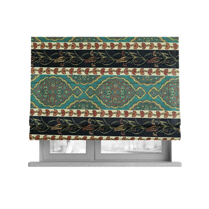 Persia Aztec Teal Blue Colour Chenille Upholstery Fabric Floral Stripe Pattern CTR-768 - Roman Blinds