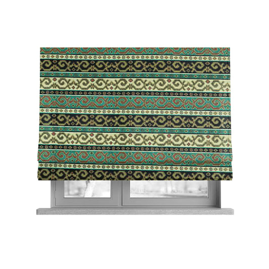 Persia Aztec Teal Blue White Chenille Upholstery Fabrics Greek Tradition Stripe CTR-771 - Roman Blinds