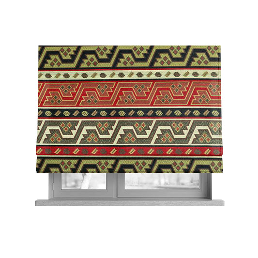 Persia Aztec Red White Texture Chenille Upholstery Fabric Geometric Kilim Stripe CTR-773 - Roman Blinds