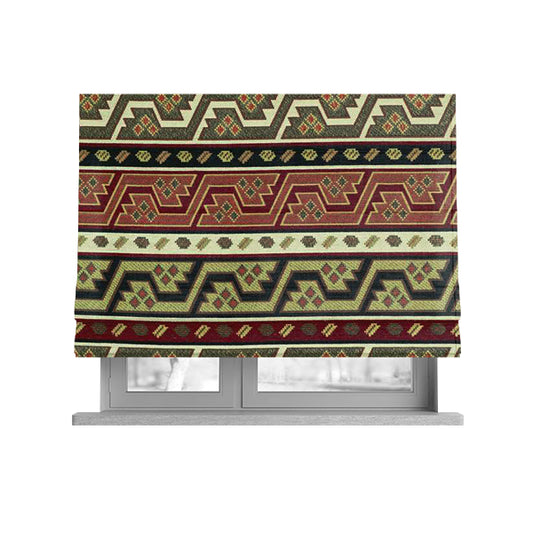 Persia Aztec Burgundy Red White Chenille Upholstery Fabric Geometric Kilim Stripe CTR-774 - Roman Blinds