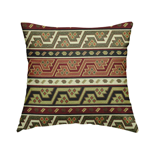 Persia Aztec Burgundy Red White Chenille Upholstery Fabric Geometric Kilim Stripe CTR-774 - Handmade Cushions