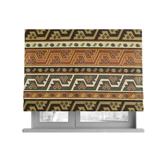 Persia Aztec Orange Brown White Chenille Upholstery Fabric Geometric Kilim Stripe CTR-775 - Roman Blinds