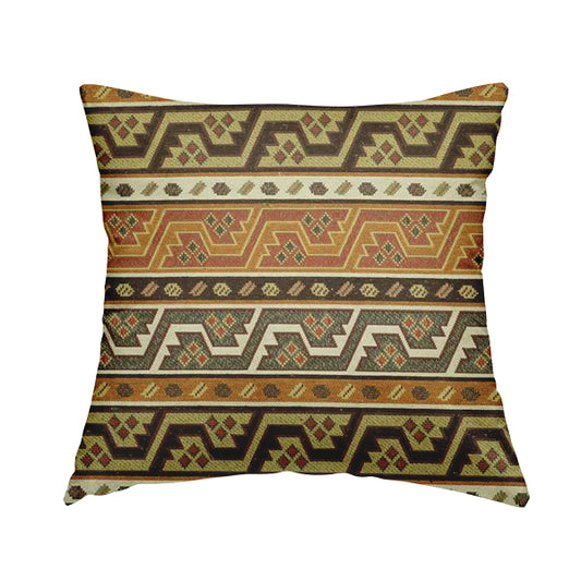 Persia Aztec Orange Brown White Chenille Upholstery Fabric Geometric Kilim Stripe CTR-775 - Handmade Cushions