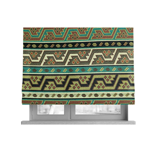 Persia Aztec Teal Blue White Chenille Upholstery Fabric Geometric Kilim Stripe CTR-776 - Roman Blinds