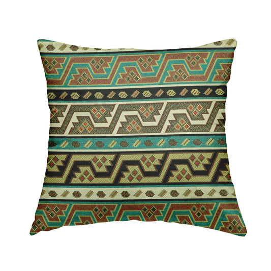 Persia Aztec Teal Blue White Chenille Upholstery Fabric Geometric Kilim Stripe CTR-776 - Handmade Cushions
