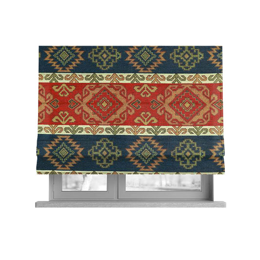 Persia Aztec Red Blue White Furnishing Fabric Traditional Kilim Stripe Pattern CTR-777 - Roman Blinds