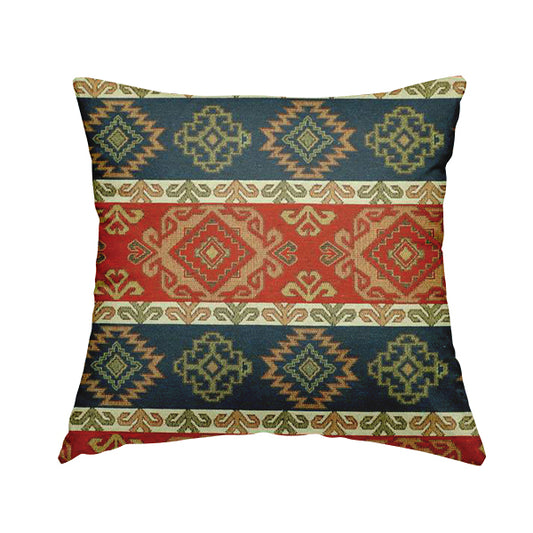Persia Aztec Red Blue White Furnishing Fabric Traditional Kilim Stripe Pattern CTR-777 - Handmade Cushions