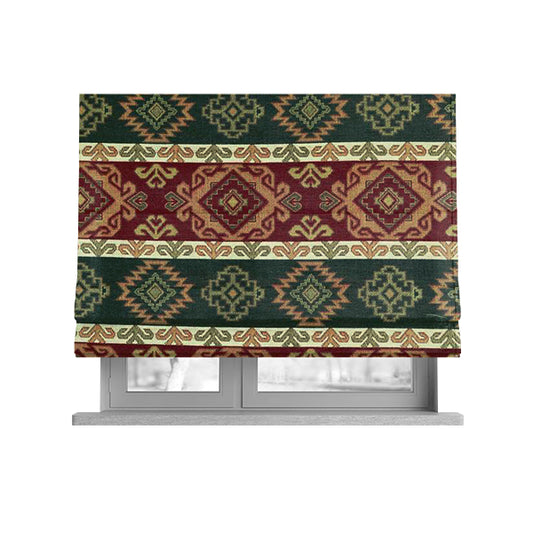 Persia Aztec Burgundy Red Green Furnishing Fabric Traditional Kilim Stripe Pattern CTR-778 - Roman Blinds