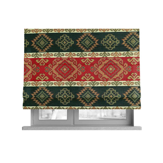 Persia Aztec Red Green Curtain Furnishing Fabric Traditional Kilim Stripe Pattern CTR-779 - Roman Blinds