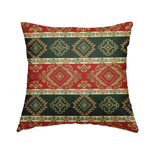 Persia Aztec Red Green Curtain Furnishing Fabric Traditional Kilim Stripe Pattern CTR-779 - Handmade Cushions