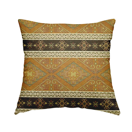 Persia Aztec Yellow Brown Furnishing Fabric Traditional Kilim Stripe Pattern CTR-780 - Handmade Cushions