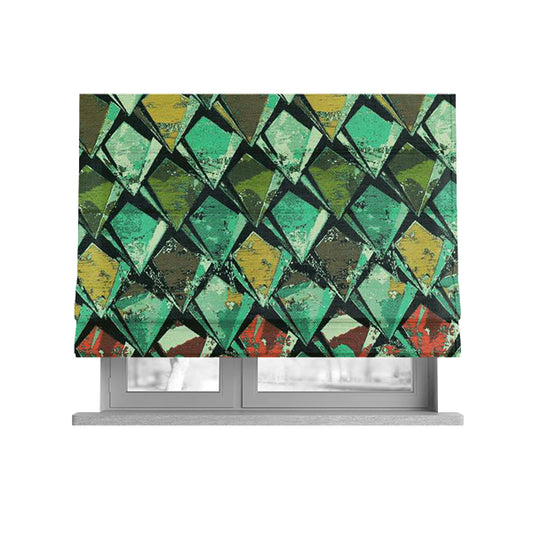 Hawaii Modern Diamond Geometric Pattern Teal Green Yellow Chenille Upholstery Fabrics CTR-836 - Roman Blinds