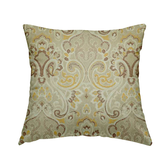 Sakura Damask Colourful Pattern Yellow Brown Chenille Upholstery Furnishing Fabric CTR-867 - Handmade Cushions