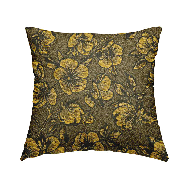 Fabriano Floral Pattern Chenille Type Yellow Black Upholstery Fabric CTR-936 - Handmade Cushions