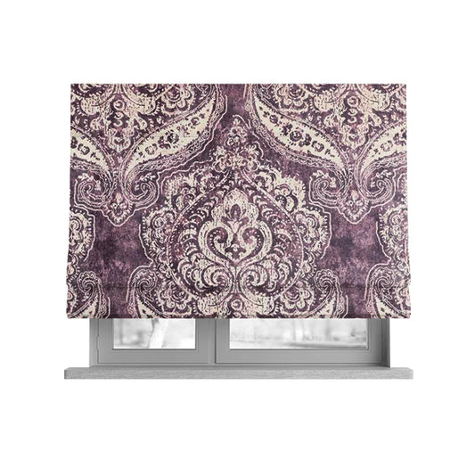 Glamour Floral Collection Print Velvet Upholstery Fabric Purple Damask Pattern CTR-973 - Roman Blinds