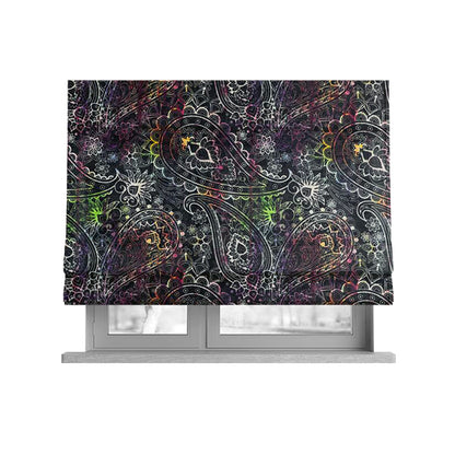 Glamour Floral Collection Print Velvet Upholstery Fabric Black Colourful Paisley Pattern CTR-975 - Roman Blinds