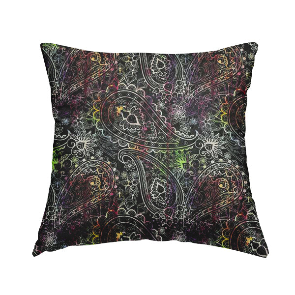 Glamour Floral Collection Print Velvet Upholstery Fabric Black Colourful Paisley Pattern CTR-975 - Handmade Cushions
