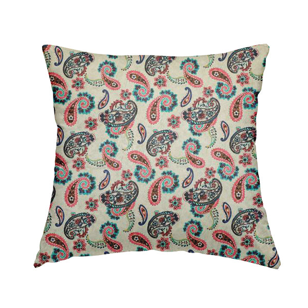 Glamour Floral Collection Print Velvet Upholstery Fabric Pink Blue Colourful Falling Paisley Pattern CTR-980 - Handmade Cushions