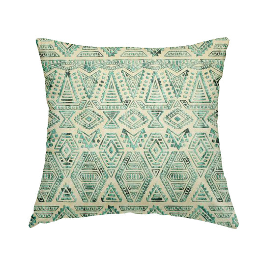 Glamour Art Collection Print Velvet Upholstery Fabric Teal Colour Tribal Geometric Pattern CTR-985 - Handmade Cushions