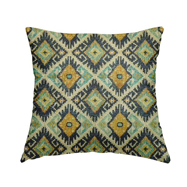 Glamour Art Collection Print Velvet Upholstery Fabric Blue Yellow Tribal Diamond Geometric Pattern CTR-993 - Handmade Cushions