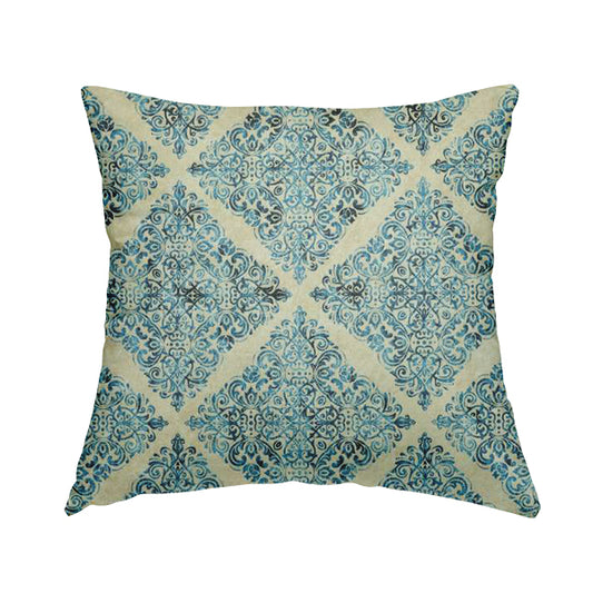 Glamour Art Collection Print Velvet Upholstery Fabric Blue Medallion Diamond Pattern CTR-994 - Handmade Cushions