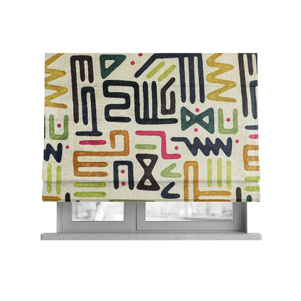 Glamour Art Collection Print Velvet Upholstery Fabric Multi Colour Tribal Script Geometric Pattern CTR-995 - Roman Blinds