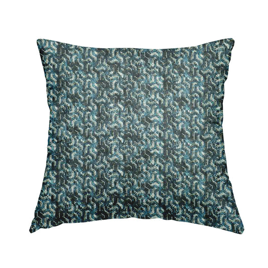 Glamour Geometric Collection Print Velvet Upholstery Fabric Navy Blue Grey Lock Pattern CTR-1003 - Handmade Cushions
