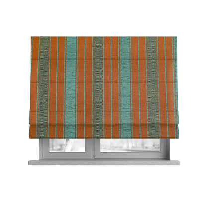 Bangalore Striped Pattern Chenille Material In Blue Teal Orange Colour Upholstery Fabric CTR-1114 - Roman Blinds