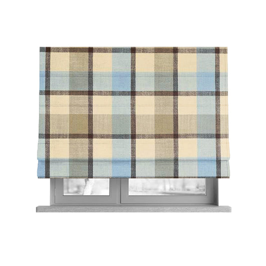 Falkirk Scottish Inspired Tartan Pattern In Chenille Material Upholstery Fabric Blue Brown Colour - Roman Blinds
