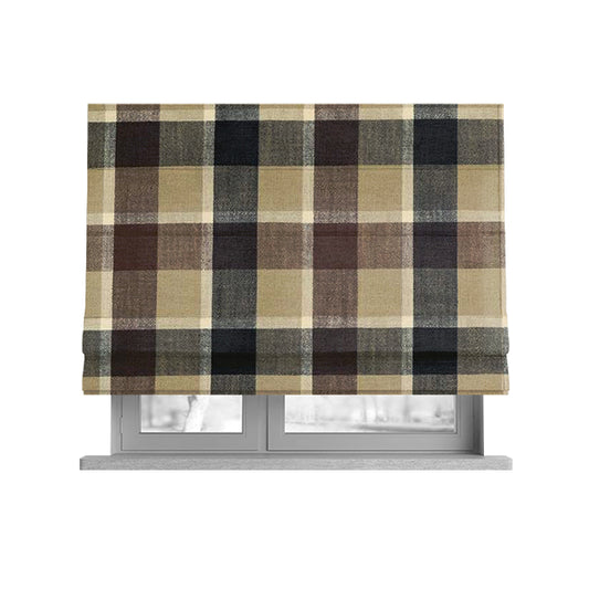 Falkirk Scottish Inspired Tartan Pattern In Chenille Material Upholstery Fabric Black Brown Colour - Roman Blinds