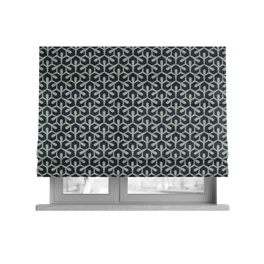 Foxe Small Scale Geometric Pattern Printed Velveteen Black Grey Colour Upholstery Curtains Fabric - Roman Blinds