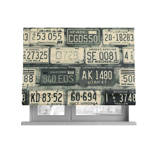 Freeway US Car License Number Plate Inspired Pattern Grey Black Colour Printed Chenille Upholstery Fabric - Roman Blinds