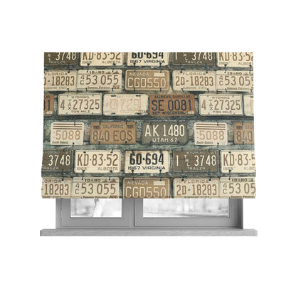 Freeway US Car License Number Plate Inspired Pattern Brown Colour Printed Chenille Upholstery Fabric - Roman Blinds