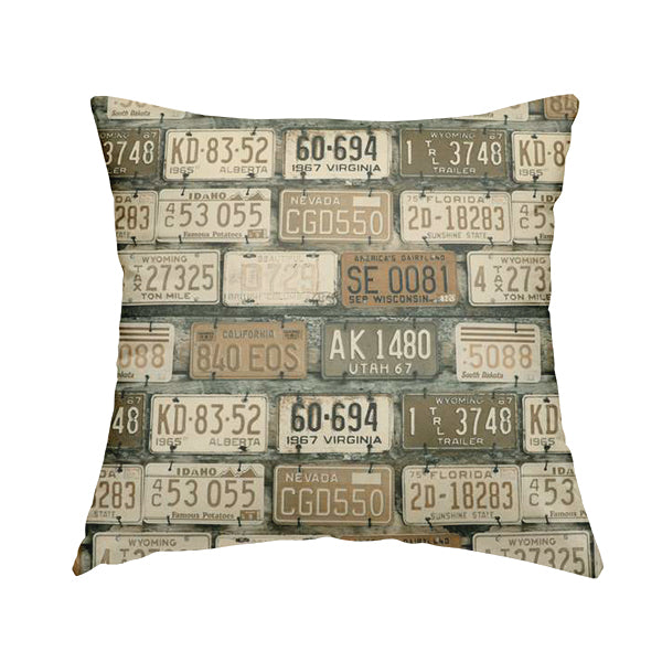 Freeway US Car License Number Plate Inspired Pattern Brown Colour Printed Chenille Upholstery Fabric - Handmade Cushions