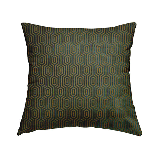 Hakkaido Geometric Pattern Velvet Fabric In Teal Brown Colour - Handmade Cushions