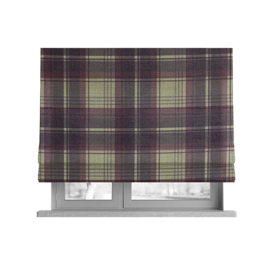 Houston Plaid Printed Pattern On Linen Effect Chenille Material Purple Coloured Upholstery Fabric - Roman Blinds