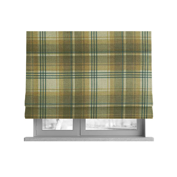 Houston Plaid Printed Pattern On Linen Effect Chenille Material Green Coloured Upholstery Fabric - Roman Blinds