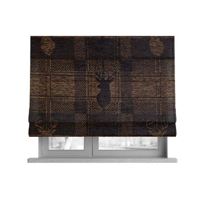 Highland Collection Luxury Soft Like Cotton Feel Stag Deer Head Animal Design On Checked Brown Chocolate Background Chenille Upholstery Fabric JO-25 - Roman Blinds