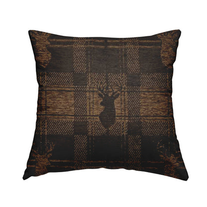 Highland Collection Luxury Soft Like Cotton Feel Stag Deer Head Animal Design On Checked Brown Chocolate Background Chenille Upholstery Fabric JO-25 - Handmade Cushions