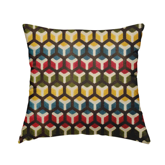 Ziani Geometric Hexagon Pattern In Vibrant Green Pink Yellow Brown Colour Velvet Upholstery Fabric JO-34 - Handmade Cushions