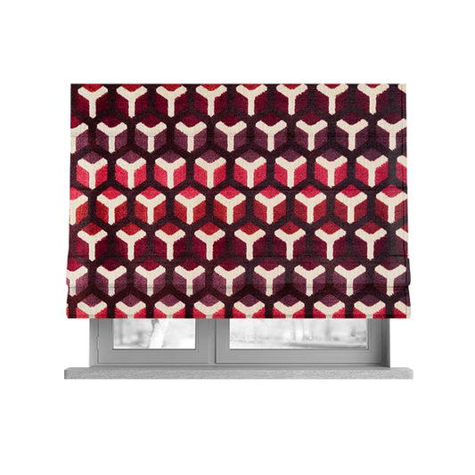 Ziani Geometric Hexagon Pattern In Vibrant Pink Mulberry Orange Purple Colour Velvet Upholstery Fabric JO-35 - Roman Blinds
