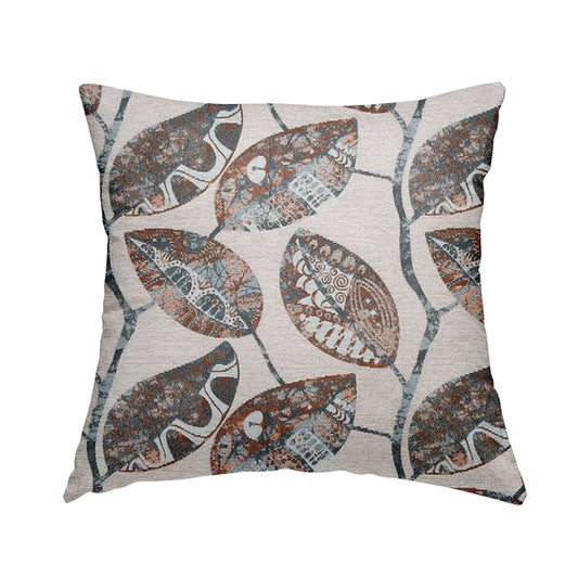 Beige Blue Orange Coloured Floral Inspired Leaf Design Soft Chenille Upholstery Fabric JO-45 - Handmade Cushions