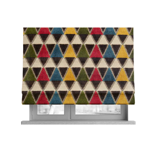 Ziani Geometric Le Triangle Pattern In Vibrant Green Pink Yellow Brown Blue Colour Velvet Upholstery Fabric JO-63 - Roman Blinds